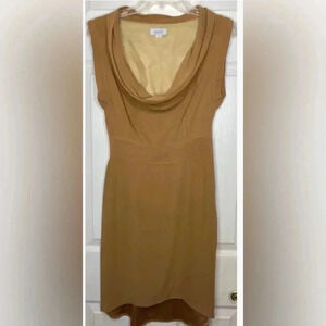 Woman OBAKKI Camel Tan Cowl Neck S/s 100% Silk Drapey Dress Sz 4 EUC Cocktail